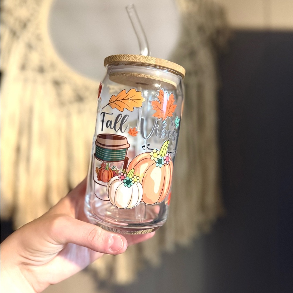 Fall Vibes Glass Tumbler with Straw
